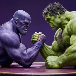 thanos and hulk competing in an arm wrestling match, cinematic, dramatic, color grading, photojournalism, highly detailed