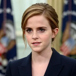 closeup portrait of president Emma Watson in the oval office, studio lighting, 8k