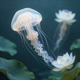white lotus flowers swimming underwater like a jellyfish, leaves as tentacles, photographic, cinematic, photorealistic, volumetric lighting, detailed, smooth, artstation, octane render, wolp