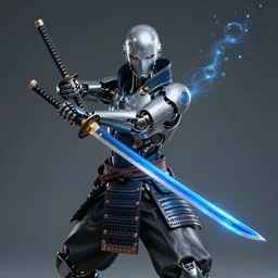 a photo of cyborg samurai posing with a blue katana, futuristic, holographic, 8k, sharp focus, fujifilm