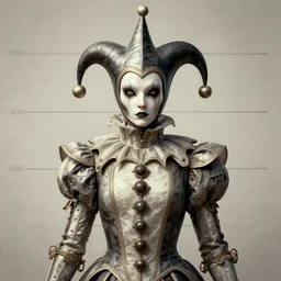 front shot of a court jester character, hyperdimensional, intricate, elegant, highly detailed, centered, (((artstation, concept art, smooth, sharp focus, artgerm, Tomasz Alen Kopera, Peter Mohrbacher, donato giancola, Joseph Christian Leyendecker, WLOP, Boris Vallejo))), mugshot!!!!!, ugly!!!!!!, octane render, nvidia raytracing demo, grainy, muted