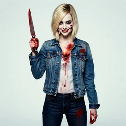 loish, artgerm, pretty female Alison Brie serial killer holding bloody knife, blood on clothes and face, sarcastic smile, symmetrical eyes, symmetrical face, full body, jean jacket, jeans, short blonde hair, middle shot, highly saturated, deep blacks