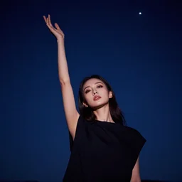 kipo standing under the stars with an arm raised to the night sky, in professional makeup, dramatic lighting, by lois van baarle, 4 k, trending on artstation