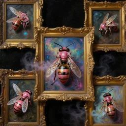 a baroque neoclassicist close - up painting of pink wasps out of picture frames. reflective detailed textures. glowing colorful fog, black background. highly detailed fantasy science fiction painting by moebius, norman rockwell, frank frazetta, and syd mead. rich colors, high contrast. artstation