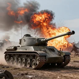 world war 2 tank on the battlefield, fiery explosion, wispy smoke, wide shot, unreal engine