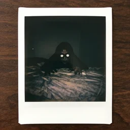 creepy polaroid picture taken in the dark of a scary creature hiding under the bed white eyes