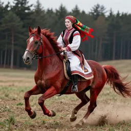 the body art shows the heroine riding on a magnificent red horse. she is clad in a traditional russian folk costume, complete with a brightly - colored headscarf. her face is pale and beautiful, with a look of resolve in her eyes. behind her, the horse's hooves churn up the earth as they gallop across the countryside. in the distance, the dark forest looms, its trees reaching up into the sky. by matt fraction curvaceous