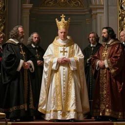 worship of the pope, royal robe, gold trim, light effect, hyper detailed, intricate, atmospheric, elegant, photorealistic by michael komarck, greg rutkowski, victo ngai, artgerm, willem claesz heda and j. dickenson