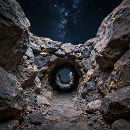 an extremely high quality tunnel of rocks with a sky filled with stars, digital art by ryusei kishida,, cgsociety, analytical art, 3 d, sense of awe, 8 k 3 d