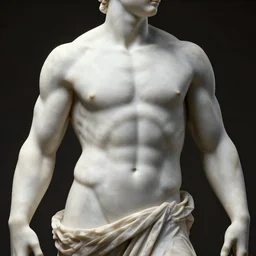 Beautiful HD render of a muscular Greek Marble statue, octane, unity engine, soft lighting shadows, dark background