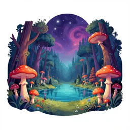 psychedelic mushrooms wide angle shot, enchanted cosmic forest, lake, sky, white background, vector art, illustration by frank frazetta