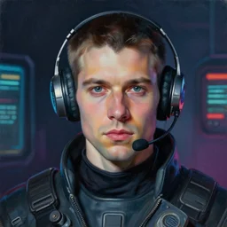 portrait painting of a science fiction character art radio operator, retrowave noir, in the style of casey baugh and theo van rysselberghe, hyper realistic face, photorealistic face