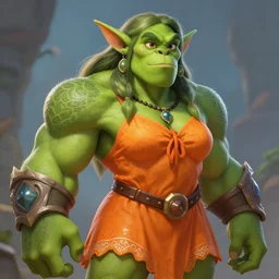 muscled green-skinned orc princess wearing an orange summer dress, Warcraft, Hearthstone, intricate, cute, highly detailed, digital painting, artstation, Blizzard concept art, smooth, sharp focus, illustration, Unreal Engine 5, 8K, art by artgerm and greg rutkowski and alphonse mucha