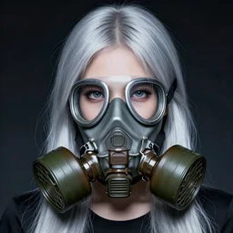 girl silver hair, gas mask, realistic illustration by Yoji Shinkawa and Krenz Cushart, cinematic portrait