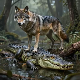 chimera made of a wolf and a crocodile, awarded on pixiv, ultra realism, fantasy, trending on deviantart, realistic wood swamp, professional photoshop artwork
