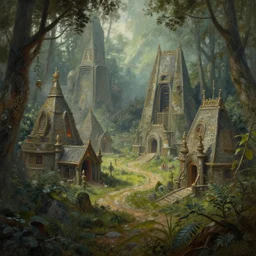 an ancient futuristic druidic village in the woods, painting by jeffrey smith