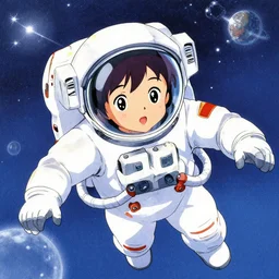 portrait of a young astronaut girl floating in space, colorful, cute face by ilya kuvshinov, ( yoshinari yoh ), makoto shinkai, katsura masakazu, dynamic pose, mads berg, kyoani, rounded eyes, christopher balaskas, dithered illustration, anime poster, anime visual, halftone shading
