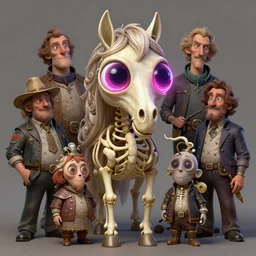 anthropomorphic highly detailed group portrait of funny neon giant cute eyes warhorse skeleton, intricate, elegant, highly detailed, digital painting, artstation, concept art, smooth, sharp focus, illustration, art by artgerm, bob eggleton, michael whelan, stephen hickman, richard corben, wayne barlowe, trending on artstation and greg rutkowski and alphonse mucha, 8 k