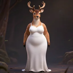 photo realistic portrait, tall, slightly fat, sexy, anthropomorphic deer female, in a long white dress, 3 d render, inspired art by zootopia, highly detailed attributes and atmosphere, dim volumetric cinematic lighting,