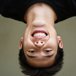 closeup headshot photo of the person who is upside down and grinning, extreme details, Nikon D850, f/3.5, ISO 100