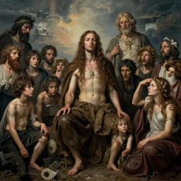 consanguinity delirium of the inhabitants of the impoverished firmament in the style of Jeff Easley and Michelangelo, fantastic reality, detailed and beautiful faces, dramatic lighting, establishing shot, 8k resolution – W 1024