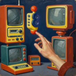 a hand reaching for 8 0 s era technology, vintage shapes, retro technology, vintage color, 1 9 8 0 s tech, classic color scheme wayne barlow, oil on canvas, deep depth of field, masterpiece, cinematic composition, hyperdetailed
