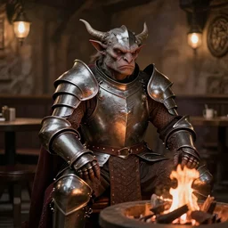 an anthropomorphic dnd kobold paladin, wearing full metal plate mail, in a tavern, by the hearth, high quality photograph, sigma 8 5 mm f / 8