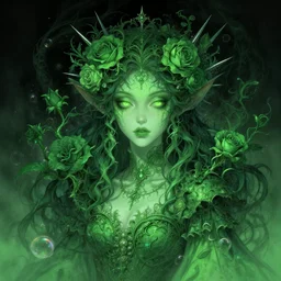 portrait of magical green goblin female , dark fantasy, gradient green black, intricated, plants, roses, spikes, dreamy and ethereal, (colour) eyes, one head, golden ratio, peaceful expression, ornate frilly dress, fantasy, intricate, elegant, rainbow bubbles, highly detailed, digital painting, artstation, concept art, smooth,b sharp focus, illustration, art by artgerm and greg rutkowski and alphonse mucha