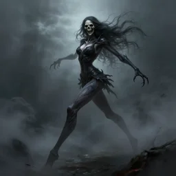 female wraith, undead, dynamic pose, elongated legs, long fingers, talons, skull, terrifying, dark, fog, artstation