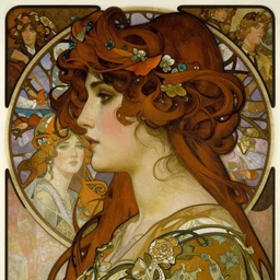 realistic detailed head and shoulders profile portrait of Mia Kirschner by Alphonse Mucha, Ayami Kojima, Amano, Charlie Bowater, Karol Bak, Greg Hildebrandt, Jean Delville, and Mark Brooks, Art Nouveau, Neo-Gothic, gothic, Mia Kischner, rich deep moody colors