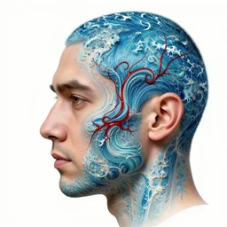 a portrait of a man :: side profile ::  blood  and ocean intricate details :: glasses :: by MARVEL comics and Sandra Chevrier
