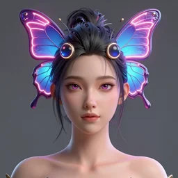 a 3 d model of an exotic beautiful woman with a neon butterfly head, fixed eyes, perfect eyes, perfect symmetrical lips, unreal engine, cinema 4 d, intricate details, 8 k, ultra realistic, super detailed, octane, ray tracing, artstation, beeple, 3 d model, style of uncharted, final fantasy, pixar,