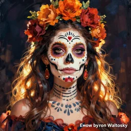 Illustration of a suger skull day of the dead girl, art by ron walotsky