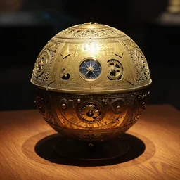 a dramatically lit photo of an ancient, powerful brass and gold artifact round ball spherical artifact sitting on a wooden table. the intricate, metal lace, detailed ball is covered in dials and ancient egyptian markings, with two arrows, glowing from within, filled with gears glimpsed inside, with a star - chart