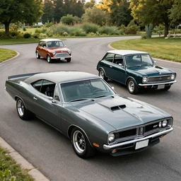hybrid car between 1 9 6 9 dodge charger and 1 9 6 9 camaro rs / ss and mini cooper