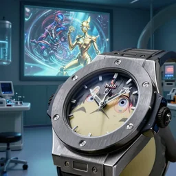 fuji 5 0 r, 3 5 mm ; hyperrealistic closeup hublot in totoro film still of mri lab interior with window view ; in the background projection of beautiful xenomorph matrix film still of gold vporwave cyborg statue seinen manga scene, eye contact ; in style of 1 9 9 0 frontier in extreme closeup porcelain photography architectural studio edition, hyper detailed, cinematic lighting, 8 k
