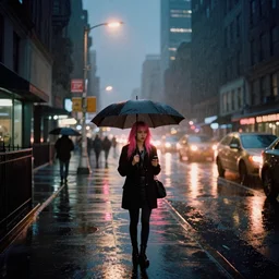 street of new york, photography, night, rain, mist, a girl with pink hair, cinestill 8 0 0 t, in the style of william eggleston