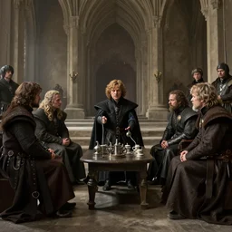 tywin lannister discusses war strategy with his military advisors, council chambers, game of thrones | | realistic shaded, fine details, realistic shaded lighting painting by greg rutkowski, diego gisbert llorens, magali villeneuve, artgerm, jeremy lipkin, michael garmash, rob rey