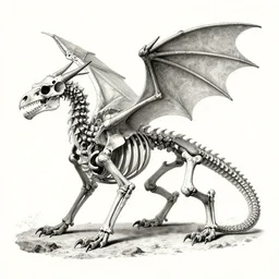 fictional beast skeleton of dragon in victorian scientific illustration style