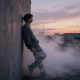 side view of a man made of swirling smoke and tendrils of fog leaning against a wall, twilight colors, cinematic