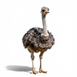 tiny ostrich, high detail photograph, full body, isolated on a pure white background, centered, entire subject in frame, sharp focus, soft studio lighting