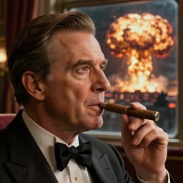 Mr. House, realistic, highly detailed face, looks at the nuclear explosion, from the window of the Lucky 38 Casino, holding cigar, hyperdetailed, artstation trending, ultra HD, artstation, photorealism, ultrarealistic, retro, 45mm, elegant,