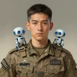 a man with tiny robot friend, dressed as a military, beautiful face, digital painting, photorealistic, earthy colors, intricate outfit, gradient background