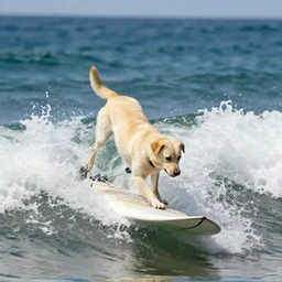 a cream-colored dog hanging ten, surfing the cosmic, Leica, 4K