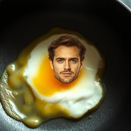 an egg frying in a pan with edward norton's face in the yolk