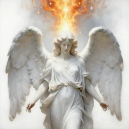 realistic detailed painting 3 / 4 portrait of white angel with clean narrow face like noface and super giant wings from the light, by gerhard richter, noface!!!!, miracle light coming up from the head up and up!!, a lot of fire - stars overhead!!!, misty space, grace and blessing, sfumato effect, renaissance, christianity, marble stone, glow effect, large soft strokes, soft shadow and light, soft effect, white background
