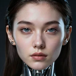 close - up portrait human face of beautiful young cybernetic woman, only body metal skin, cyborg, art by tim walker