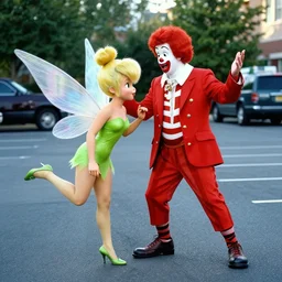 ronald mcdonald fighting tinkerbell in a parking lot