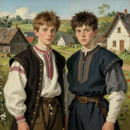 portrait of two boys captivating latvian belarusian finnish norwegian swedish glamour models as village wearing 1 7 th century, jodhpurs greg manchess painting by sargent and leyendecker, studio ghibli, close - up shot asymmetrical intricate elegant illustration hearthstone, by greg rutkowski by greg tocchini by craig mullins