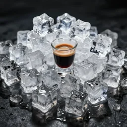 a huge amount of ice cubes and a single shot of espressor, food photography, incredible lighting, ice cubes, lots of ice cubes